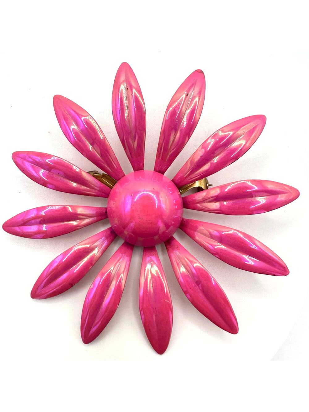 Vintage 1960s hot bright pink jumbo enamel AB iridescent flower power brooch